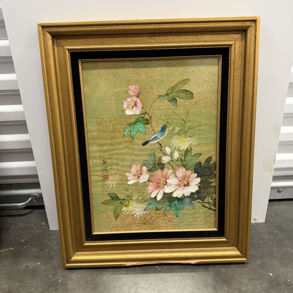 Vintage Chinese Painting on Cork Paper Bird Flowers Signed Gold Framed 17X21